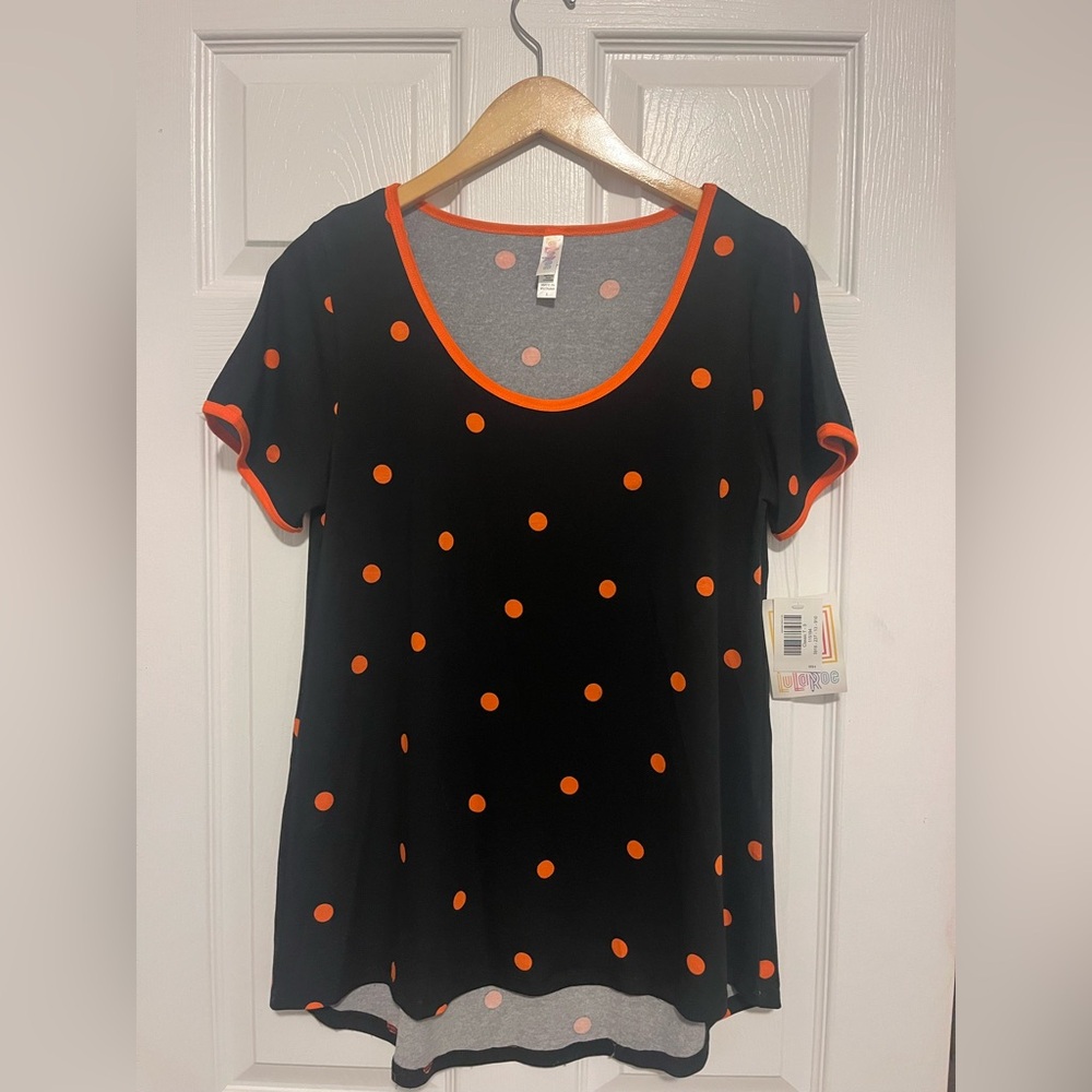 NWT New LuLaRoe Black Top with Orange Polka Dots Size S